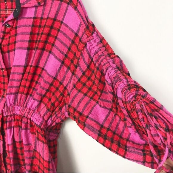 FREE PEOPLE | Pacific Dawn Red Pink Black Cinched Plaid Flannel Top Women’s S - Picture 6 of 11